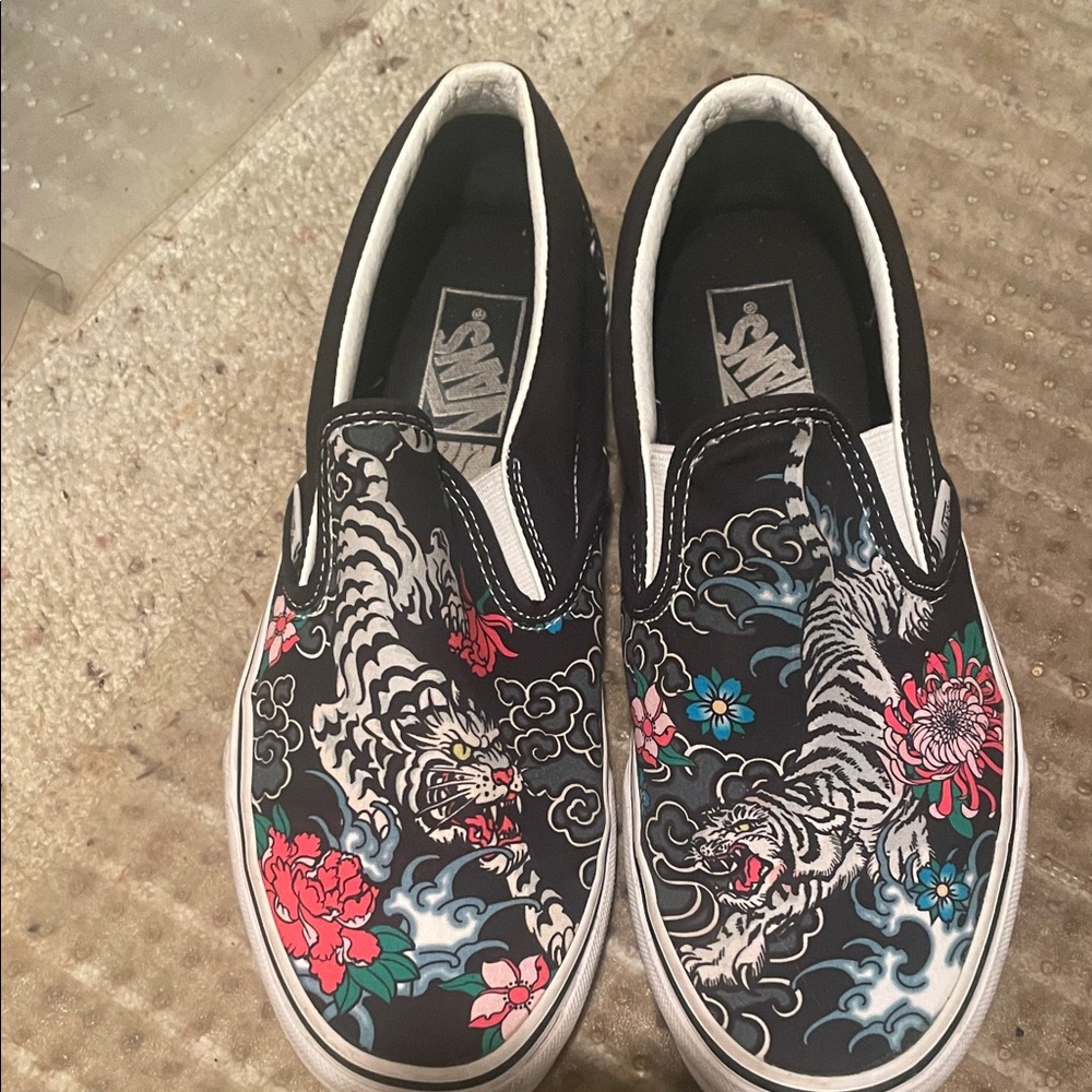 Vans Black Slip-On Sneakers with Tiger and Floral Design